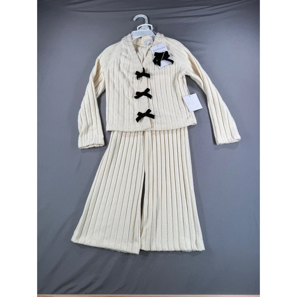 NWT Btween Girls Cream Ribbed Knit Cardigan and Pants Set with Bows Size 5